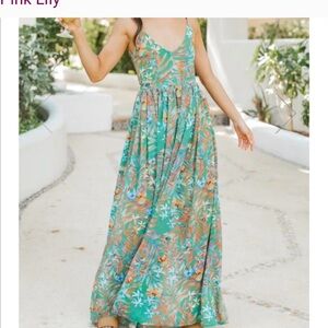 Pink Lily Tropical Floral Maxi Dress in Green and Orange